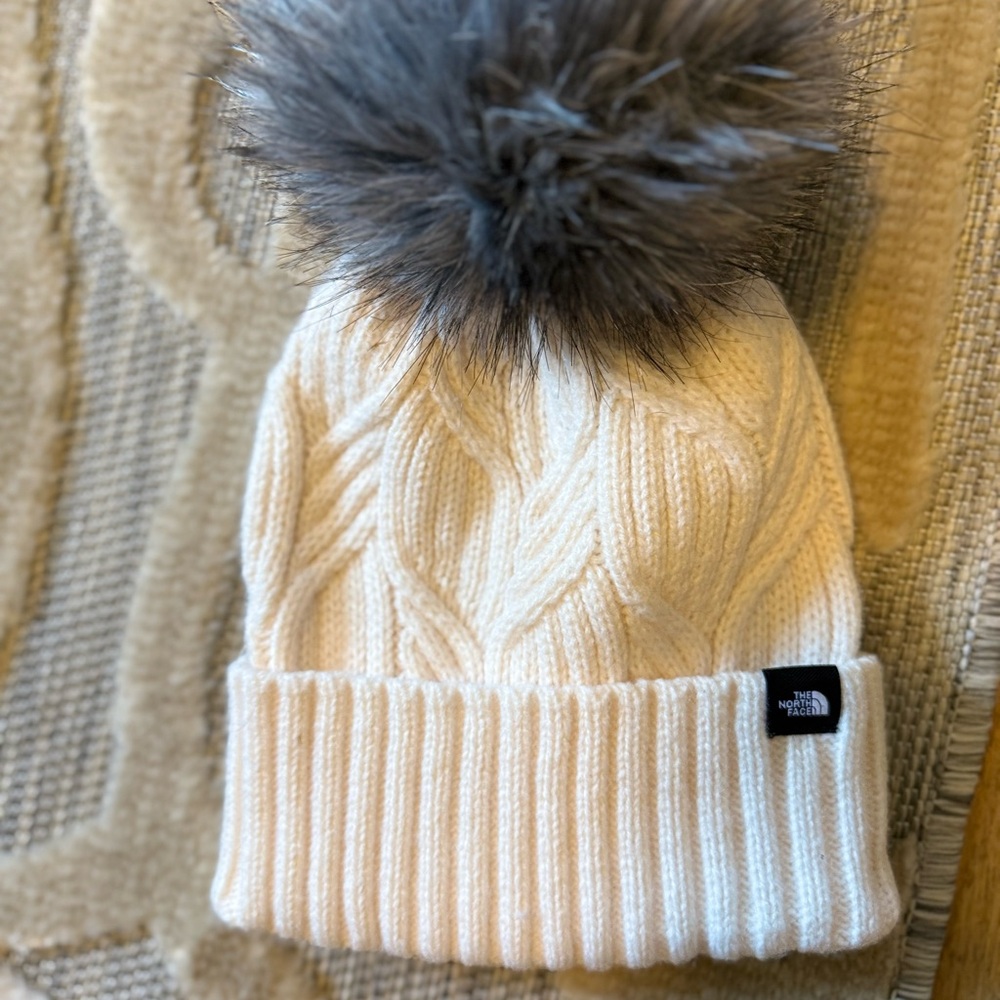 The North Face Kids' Cream Knit Beanie with Gray Pom